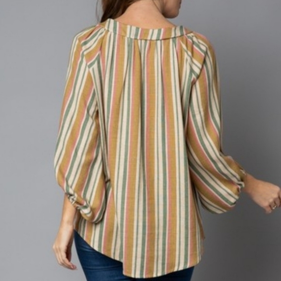 Striped Linen Cottoncore Half Puff Sleeve Blouse Top Rayon Linen Blend - Picture 7 of 8